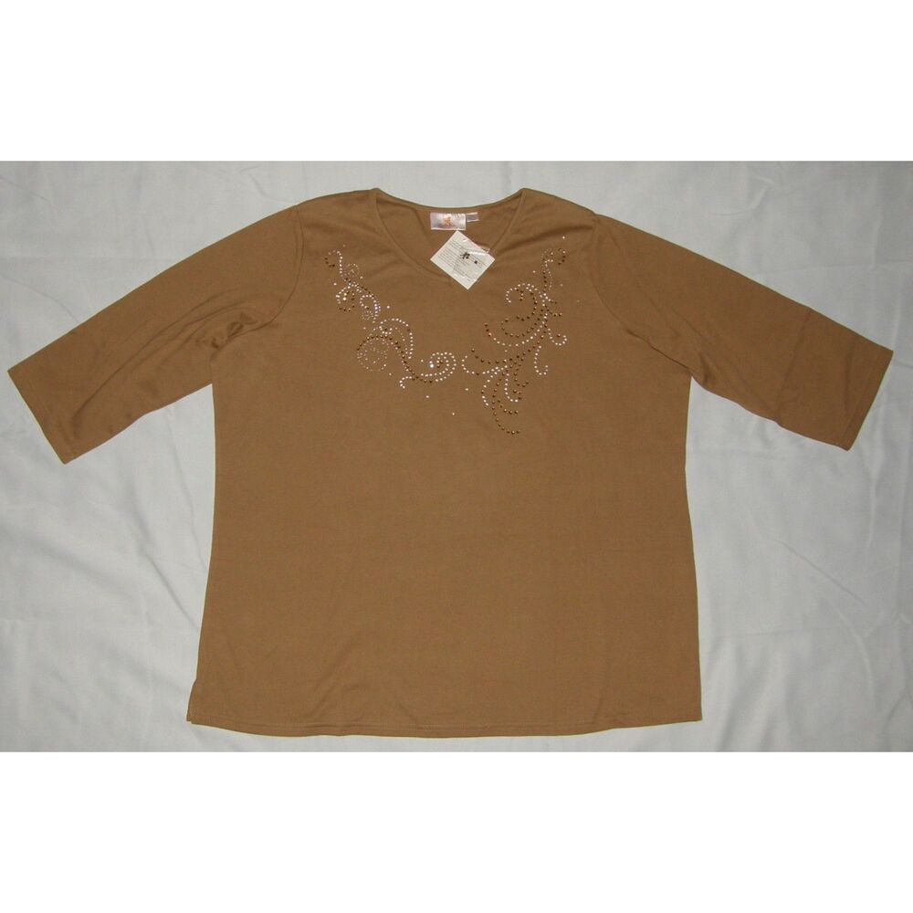 QUACKER FACTORY Brown Plus Sz 2X Casual Wear Soft Stretchy Rhinestones Shirt NEW